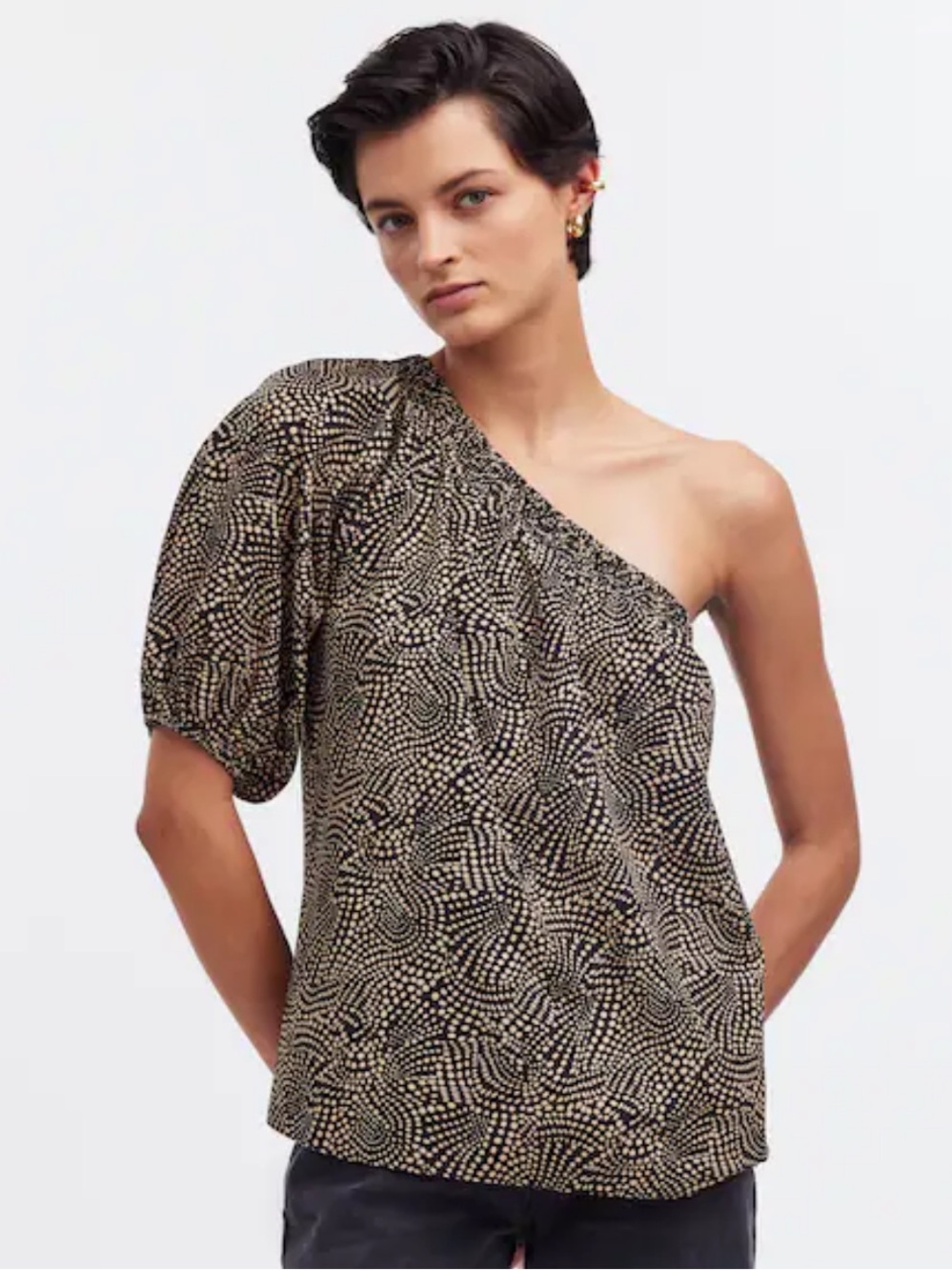 Madewell One Shoulder Puff Sleeve Top Spiral Dot Black Tan Cotton Blend Size 12
